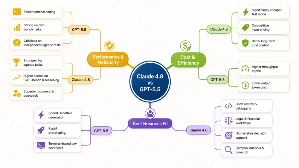 Visual summary mindmap comparing Claude 4.8 and GPT-5.5 across performance, cost, and business fit